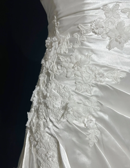 Vestido de novia clásico y elegante, corte sirena, un hombro, largo, blanco, de satén, años 70, estilo vintage, DH1147