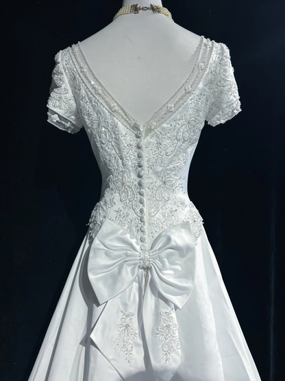 Vestido de novia clásico y elegante, corte A, escote en V, largo, blanco, de satén, años 70, estilo vintage, DH1149