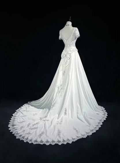 Vestido de novia clásico y elegante, corte A, escote en V, largo, blanco, de satén, años 70, estilo vintage, DH1149