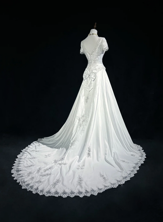 Vestido de novia clásico y elegante, corte A, escote en V, largo, blanco, de satén, años 70, estilo vintage, DH1149