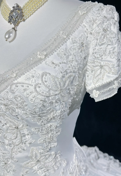 Vestido de novia clásico y elegante, corte A, escote en V, largo, blanco, de satén, años 70, estilo vintage, DH1149