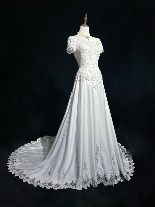 Vestido de novia clásico y elegante, corte A, escote en V, largo, blanco, de satén, años 70, estilo vintage, DH1149