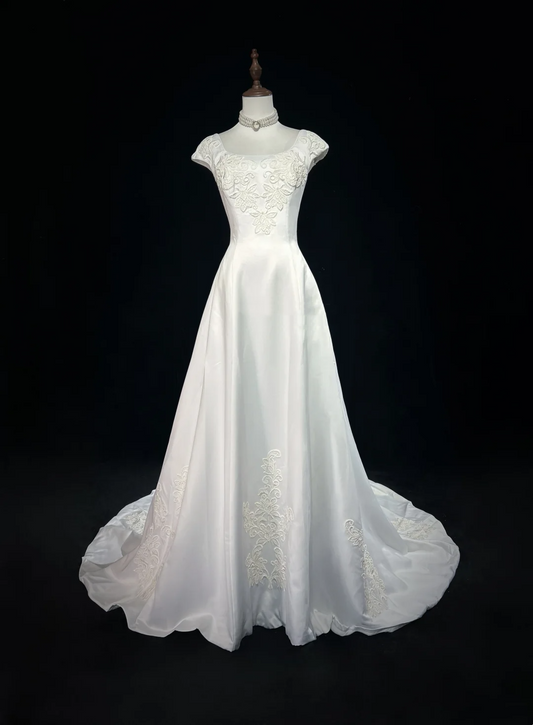 Vestido de novia único, vestido de fiesta, escote cuadrado, largo, blanco, de satén, años 90, vestidos de novia vintage, DH1150