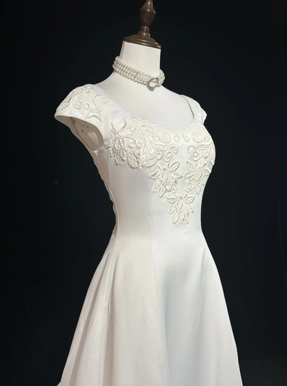Vestido de novia único, vestido de fiesta, escote cuadrado, largo, blanco, de satén, años 90, vestidos de novia vintage, DH1150