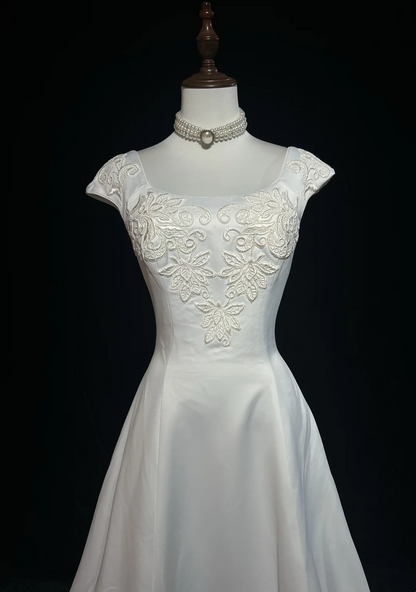 Vestido de novia único, vestido de fiesta, escote cuadrado, largo, blanco, de satén, años 90, vestidos de novia vintage, DH1150