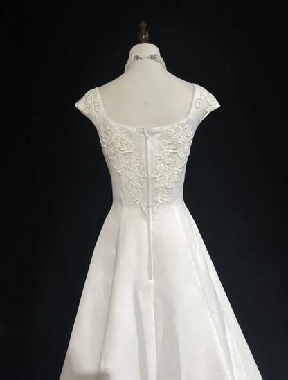Vestido de novia único, vestido de fiesta, escote cuadrado, largo, blanco, de satén, años 90, vestidos de novia vintage, DH1150