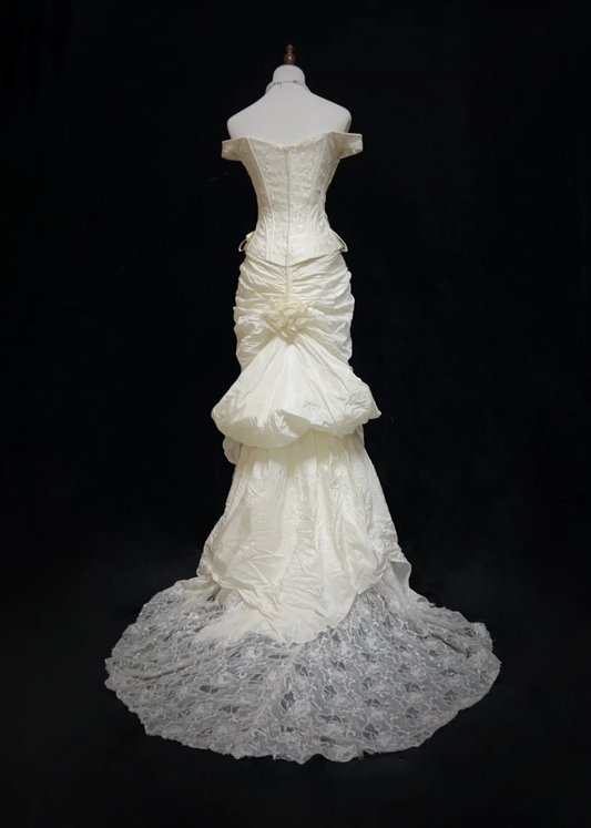 Vestido de novia clásico y elegante, corte sirena, hombros descubiertos, manga corta, encaje marfil, años 80, estilo vintage, DH1151