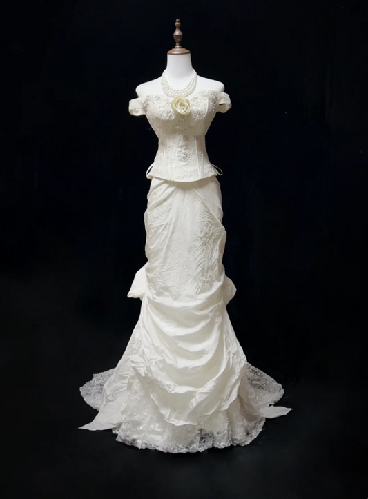 Vestido de novia clásico y elegante, corte sirena, hombros descubiertos, manga corta, encaje marfil, años 80, estilo vintage, DH1151