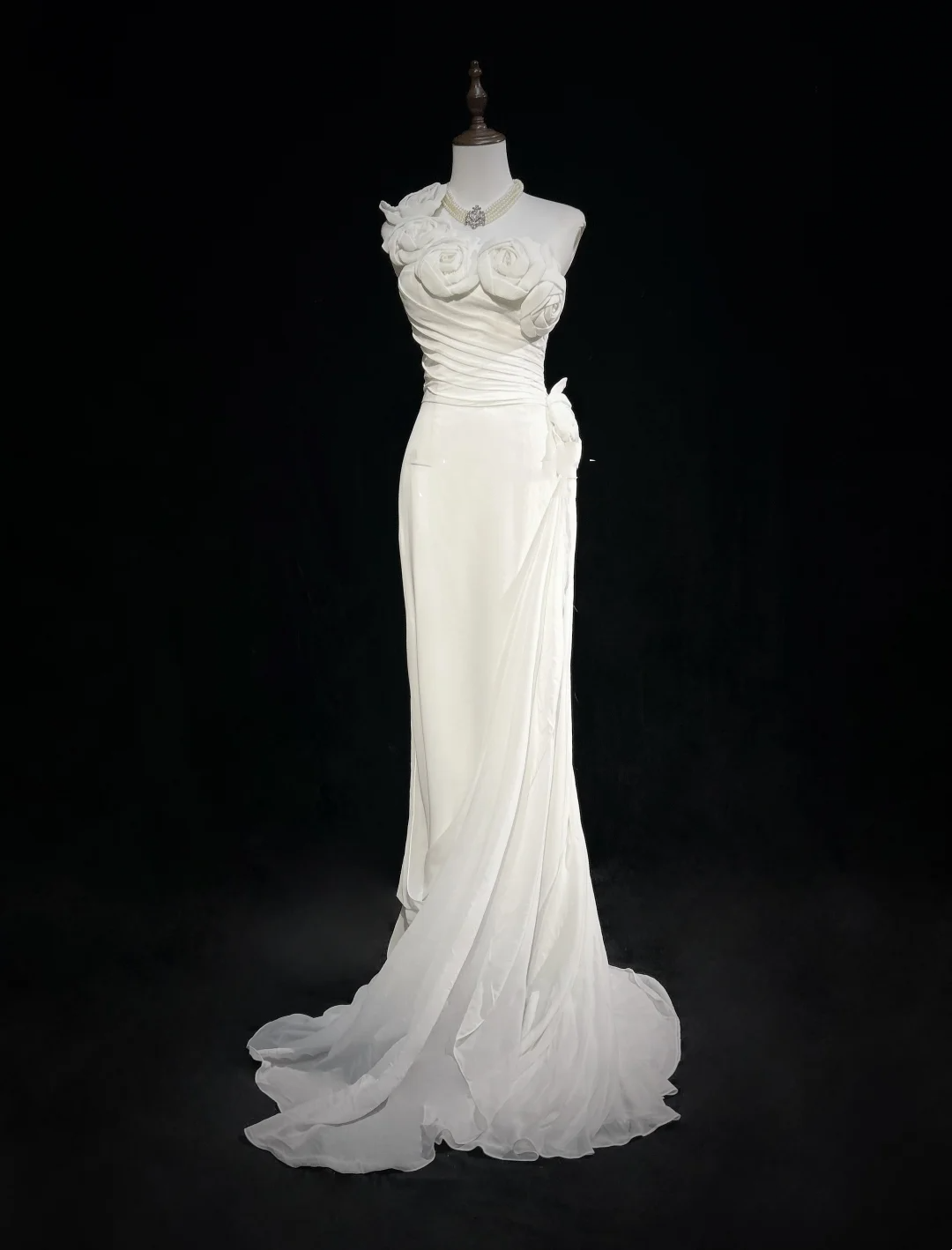 Vestido de novia único, de un solo hombro, de gasa, con flores blancas, estilo años 90, estilo vintage, DH1152