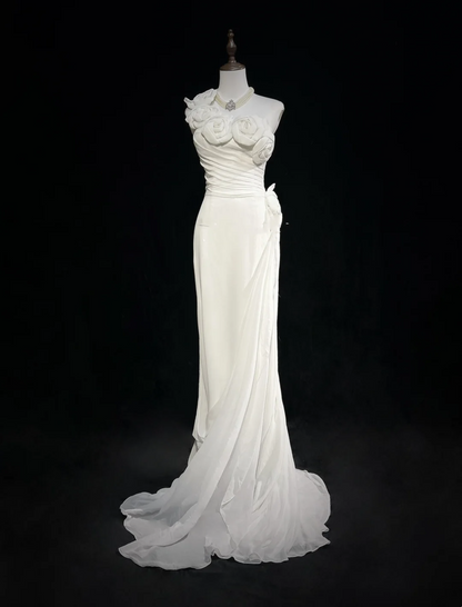 Vestido de novia único, de un solo hombro, de gasa, con flores blancas, estilo años 90, estilo vintage, DH1152