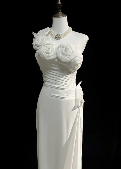 Vestido de novia único, de un solo hombro, de gasa, con flores blancas, estilo años 90, estilo vintage, DH1152