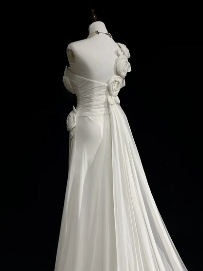 Vestido de novia único, de un solo hombro, de gasa, con flores blancas, estilo años 90, estilo vintage, DH1152