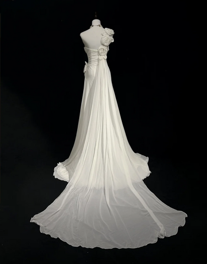 Vestido de novia único, de un solo hombro, de gasa, con flores blancas, estilo años 90, estilo vintage, DH1152