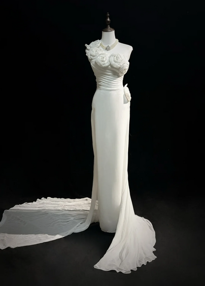 Vestido de novia único, de un solo hombro, de gasa, con flores blancas, estilo años 90, estilo vintage, DH1152