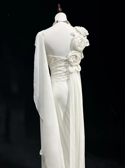 Vestido de novia único, de un solo hombro, de gasa, con flores blancas, estilo años 90, estilo vintage, DH1152