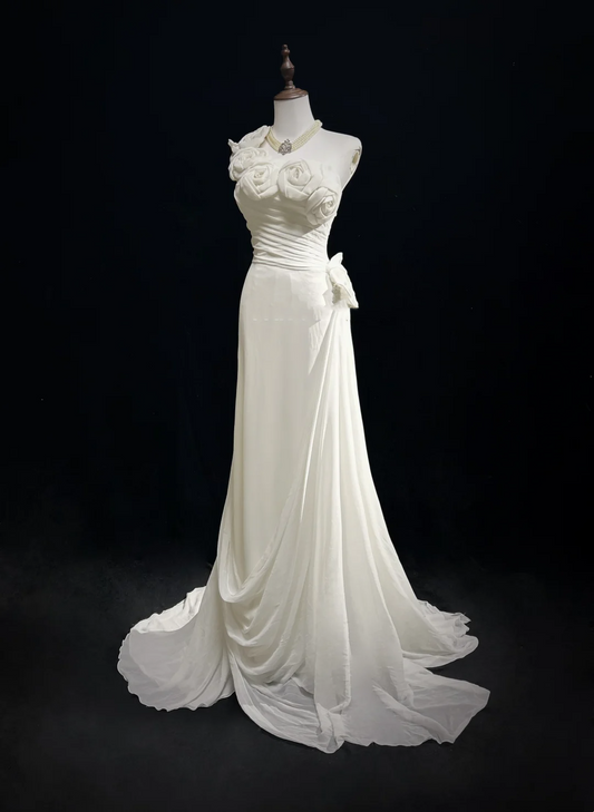 Vestido de novia único, de un solo hombro, de gasa, con flores blancas, estilo años 90, estilo vintage, DH1152
