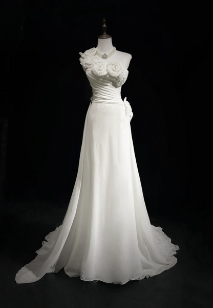 Vestido de novia único, de un solo hombro, de gasa, con flores blancas, estilo años 90, estilo vintage, DH1152