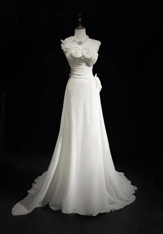 Vestido de novia único, de un solo hombro, de gasa, con flores blancas, estilo años 90, estilo vintage, DH1152