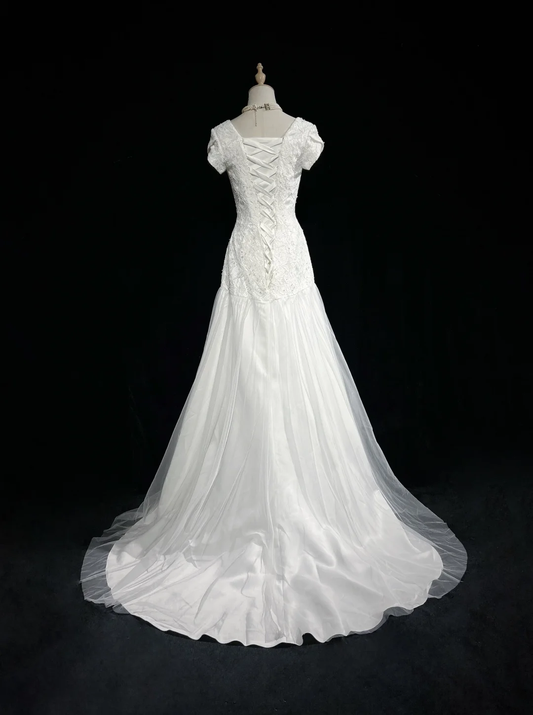 Vestido de novia clásico y elegante, corte sirena, mangas cortas, encaje blanco, años 80, estilo vintage, DH1153