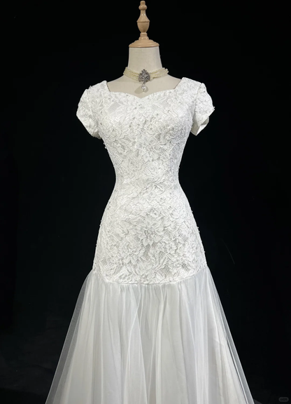 Vestido de novia clásico y elegante, corte sirena, mangas cortas, encaje blanco, años 80, estilo vintage, DH1153