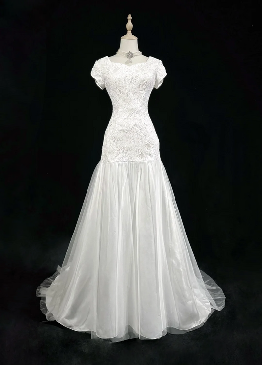 Vestido de novia clásico y elegante, corte sirena, mangas cortas, encaje blanco, años 80, estilo vintage, DH1153