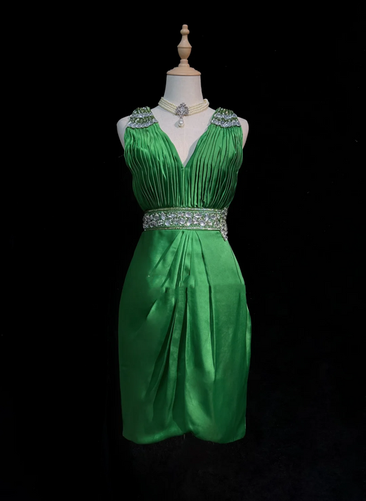 Vintage Sheath V Neck Green Satin Mini Short Formal 8th Grade Homecoming Dresses Summer Middle School Hoco Dress 20th Birthday Outfits DH1155