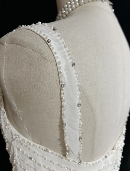 Vestido de novia único, corte A, escote cuadrado, gasa blanca con cuentas, estilo años 90, estilo vintage, DH1155