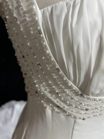 Vestido de novia único, corte A, escote cuadrado, gasa blanca con cuentas, estilo años 90, estilo vintage, DH1155