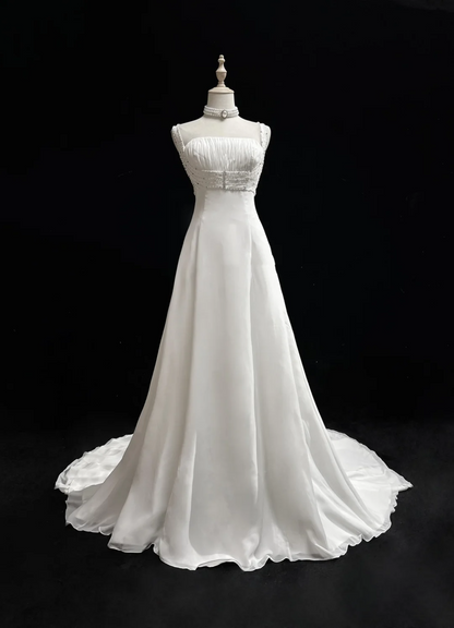 Vestido de novia único, corte A, escote cuadrado, gasa blanca con cuentas, estilo años 90, estilo vintage, DH1155