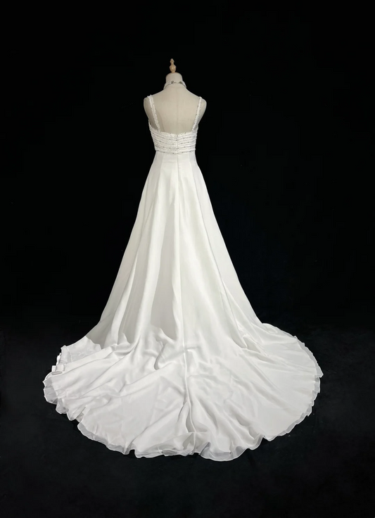 Vestido de novia único, corte A, escote cuadrado, gasa blanca con cuentas, estilo años 90, estilo vintage, DH1155