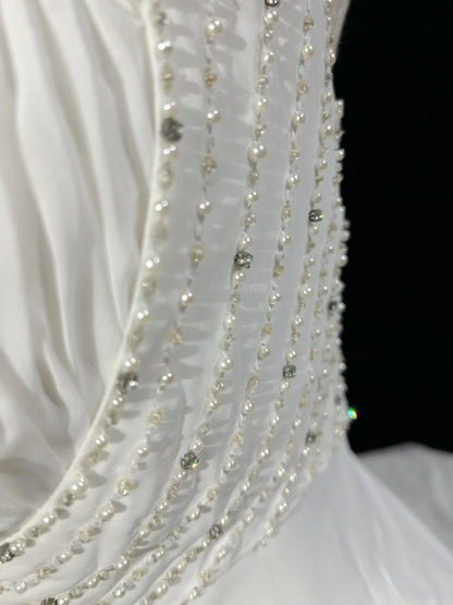Vestido de novia único, corte A, escote cuadrado, gasa blanca con cuentas, estilo años 90, estilo vintage, DH1155