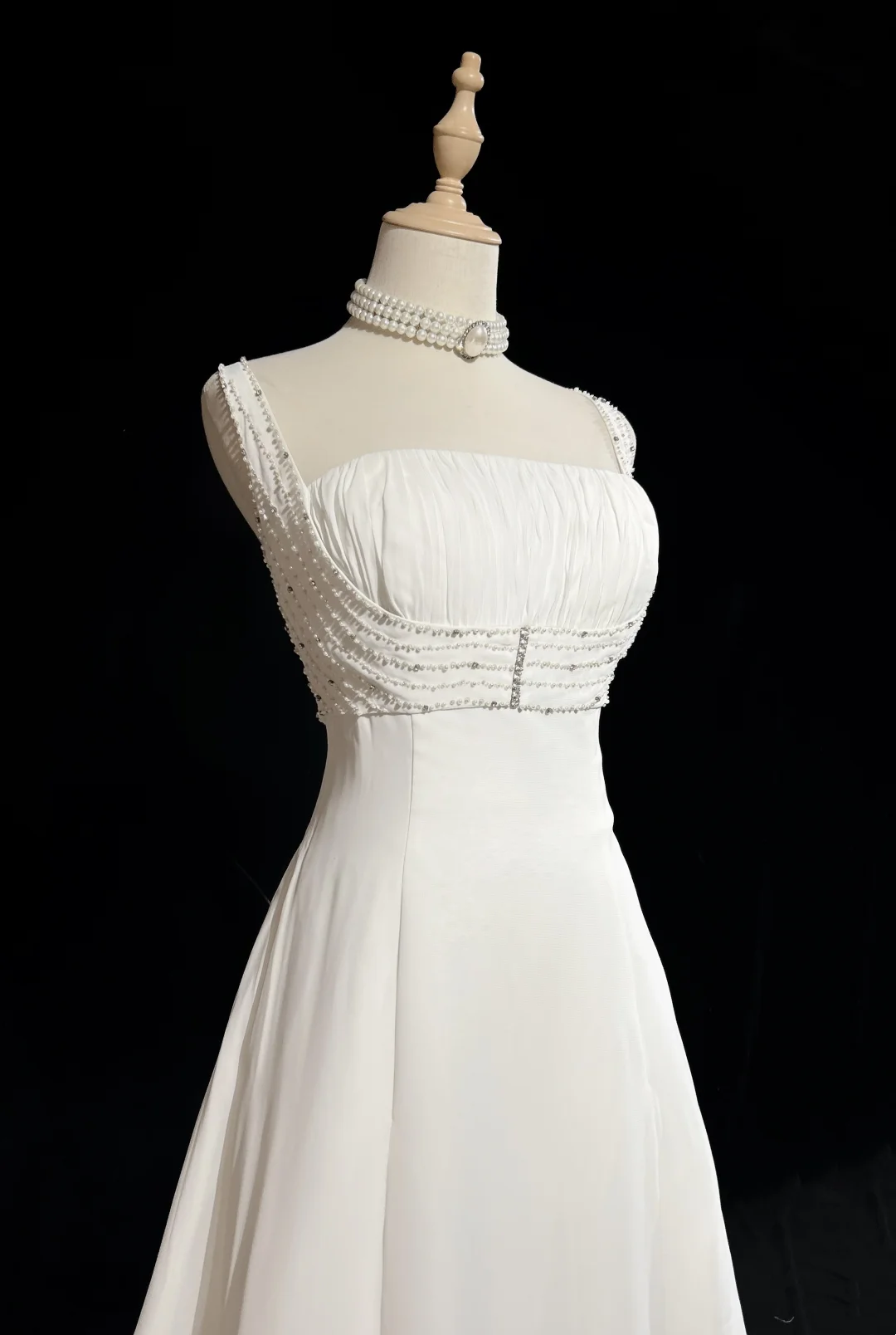 Vestido de novia único, corte A, escote cuadrado, gasa blanca con cuentas, estilo años 90, estilo vintage, DH1155