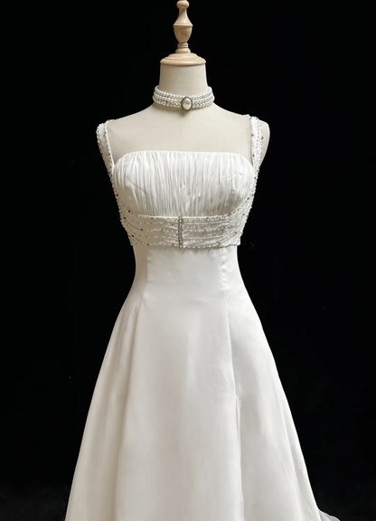 Vestido de novia único, corte A, escote cuadrado, gasa blanca con cuentas, estilo años 90, estilo vintage, DH1155