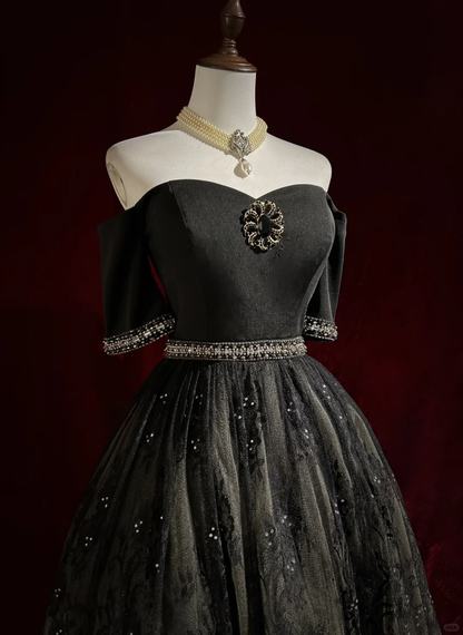 Vestido de fiesta vintage con hombros descubiertos, tul negro y encaje, para 8.º grado, vestido de fiesta de verano para secundaria, atuendos para 20.º cumpleaños DH1157