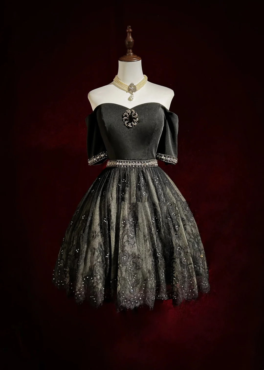 Vestido de fiesta vintage con hombros descubiertos, tul negro y encaje, para 8.º grado, vestido de fiesta de verano para secundaria, atuendos para 20.º cumpleaños DH1157