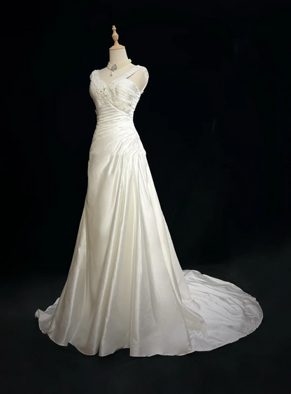 Vestido de novia único, corte A, escote en V, satén blanco, cuentas, estilo años 90, vestidos de novia vintage DH1163
