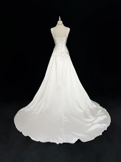 Vestido de novia único, corte A, escote en V, satén blanco, cuentas, estilo años 90, vestidos de novia vintage DH1163