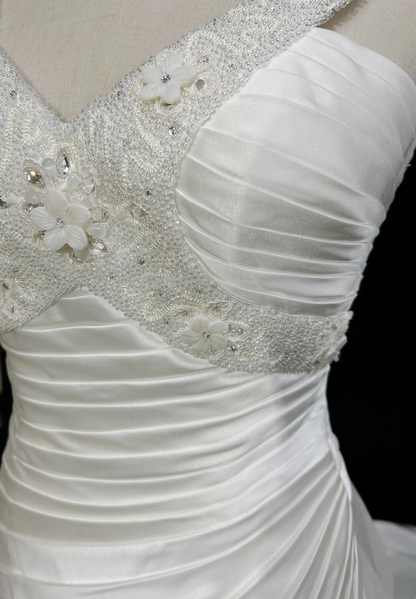 Vestido de novia único, corte A, escote en V, satén blanco, cuentas, estilo años 90, vestidos de novia vintage DH1163