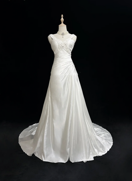 Vestido de novia único, corte A, escote en V, satén blanco, cuentas, estilo años 90, vestidos de novia vintage DH1163