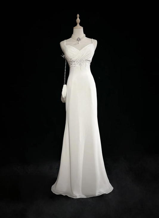 Vestido de novia único de corte sirena con tirantes finos y cuentas de gasa blanca, estilo años 90, estilo vintage, DH1164