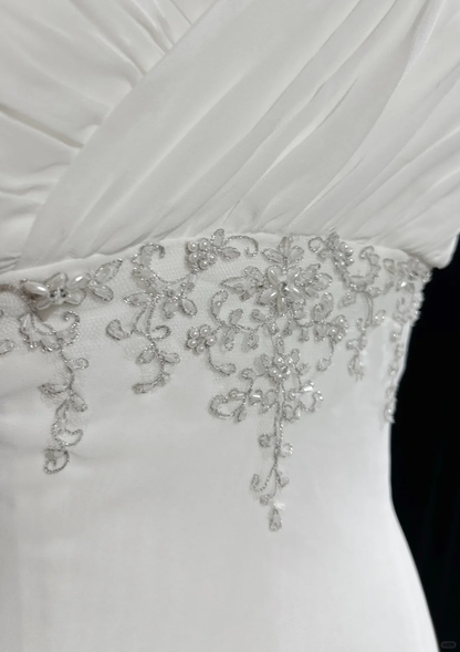 Vestido de novia único de corte sirena con tirantes finos y cuentas de gasa blanca, estilo años 90, estilo vintage, DH1164