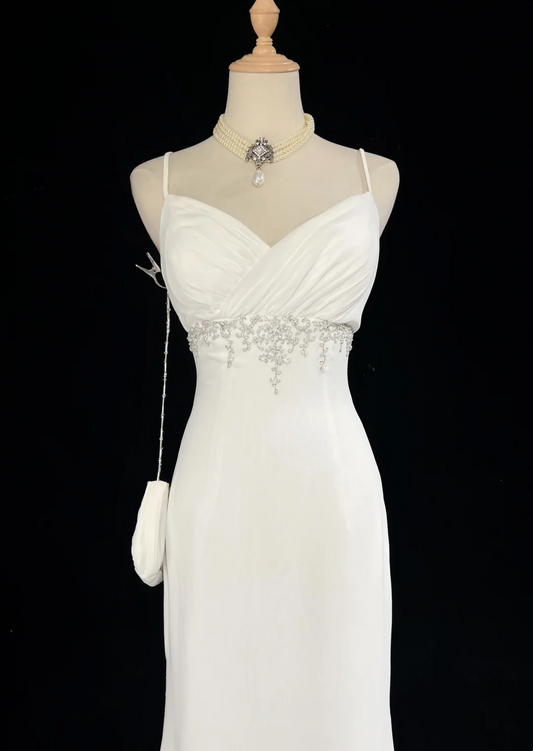 Vestido de novia único de corte sirena con tirantes finos y cuentas de gasa blanca, estilo años 90, estilo vintage, DH1164