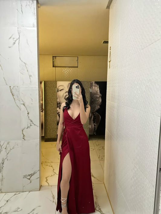 Elegante vestido de fiesta largo burdeos con tirantes finos y corte A, ideal para cumpleaños número 20 y cumpleaños número 18, ideal para adolescentes (DH119)
