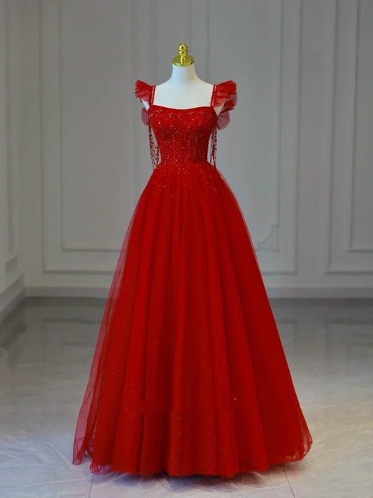 Elegante vestido de fiesta largo rojo con tirantes finos y corte A, ideal para cumpleaños número 20 y cumpleaños número 18, ideal para adolescentes (DH122)