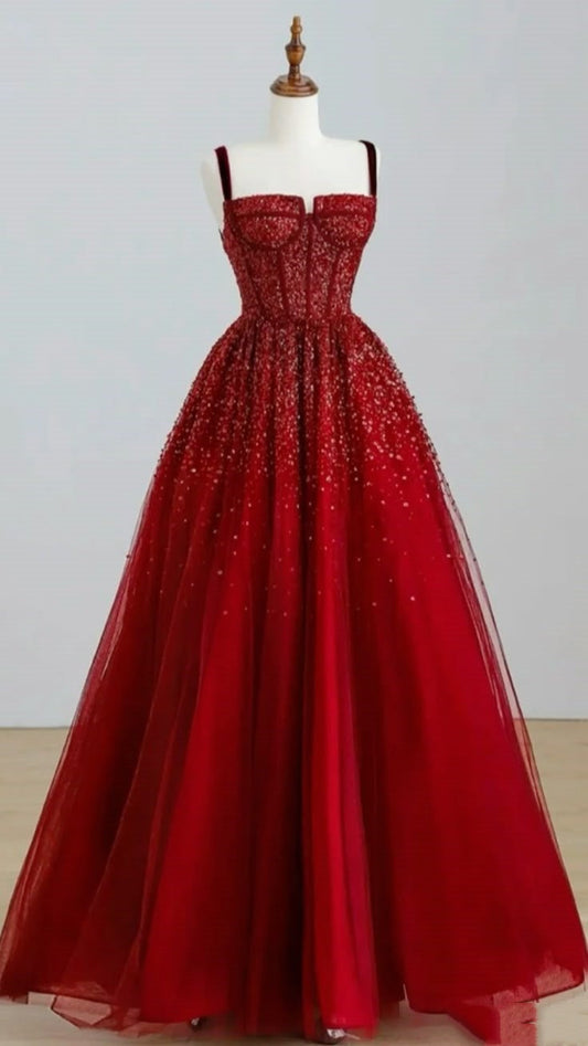 Elegante vestido de fiesta largo con tirantes finos en color vino tinto, ideal para fiestas de verano, para celebrar 20 años o para celebrar 18 años, DH123