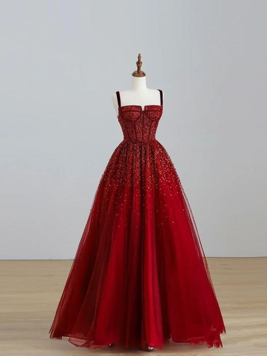 Elegante vestido de fiesta largo con tirantes finos en color vino tinto, ideal para fiestas de verano, para celebrar 20 años o para celebrar 18 años, DH123