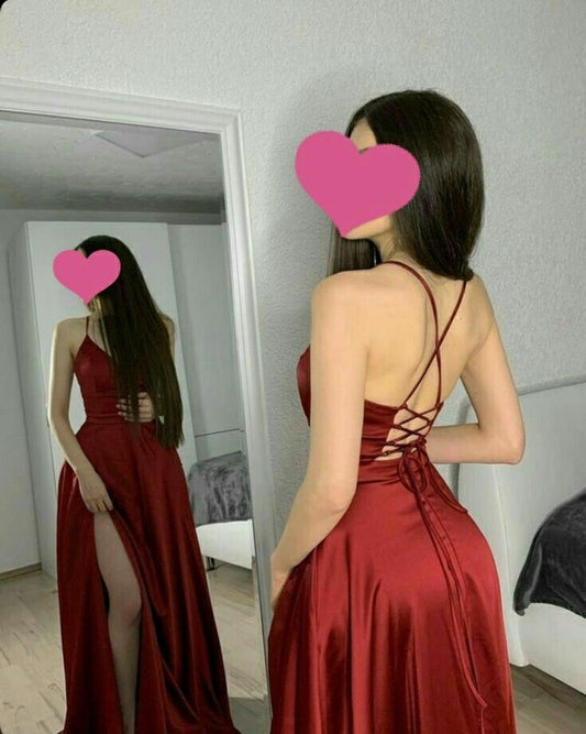 Elegante vestido de fiesta largo de satén burdeos con escote halter y espalda descubierta, corte A, para verano, para celebrar 20 cumpleaños y 18 años, DH124