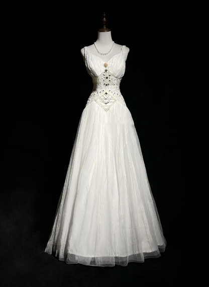Vestido de novia único, corte A, escote en V, tul blanco, largo, años 90, estilo vintage, DH1256