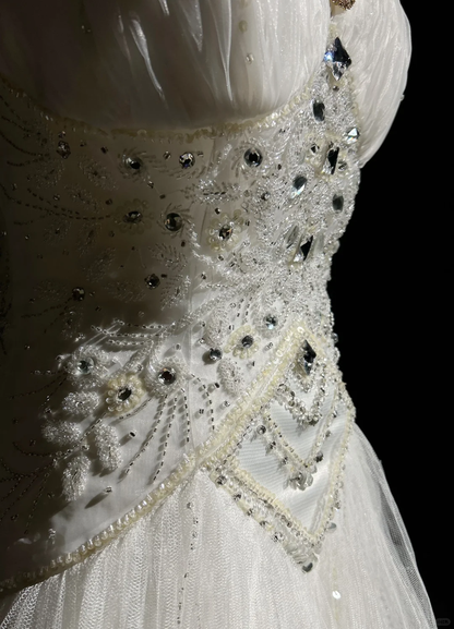 Vestido de novia único, corte A, escote en V, tul blanco, largo, años 90, estilo vintage, DH1256