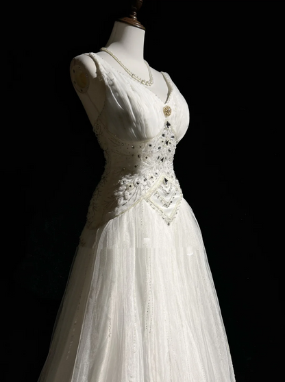 Vestido de novia único, corte A, escote en V, tul blanco, largo, años 90, estilo vintage, DH1256